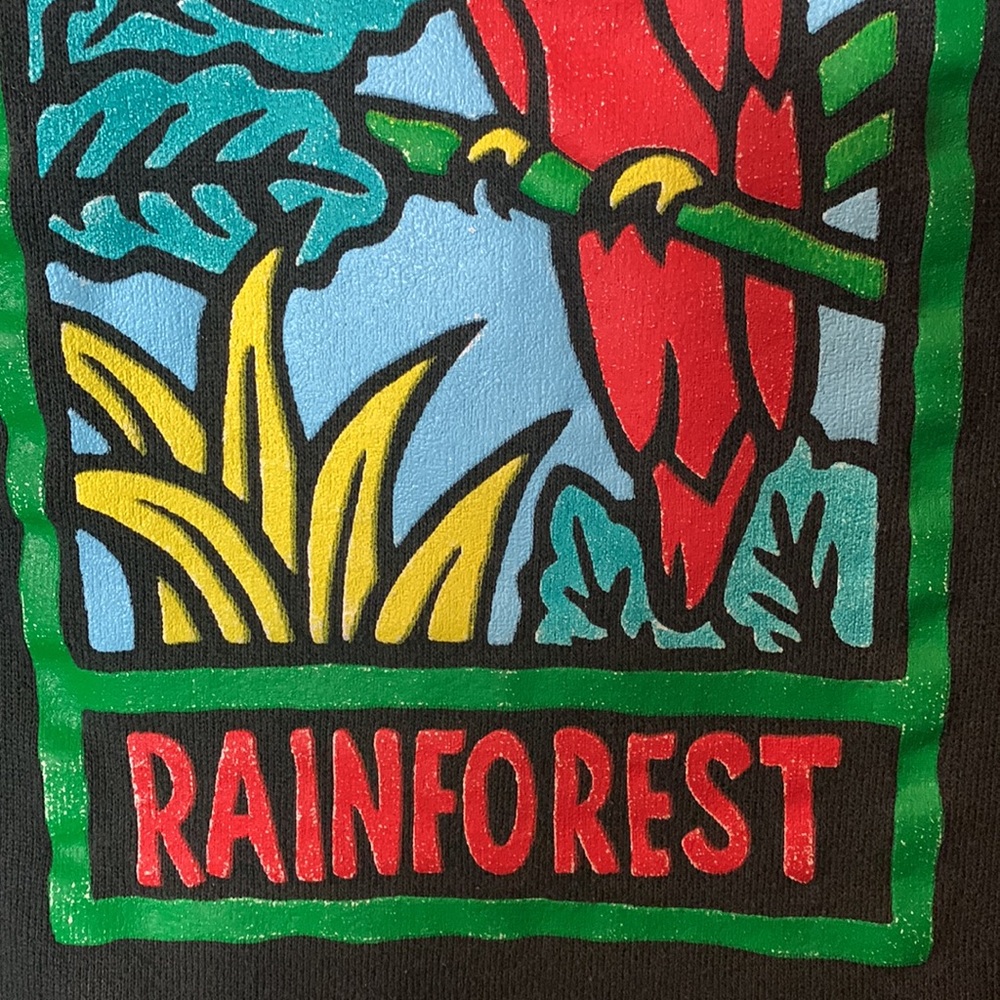 VINTAGE 89’s Save the Rainforest Red macaw tropical black sweatshirt Sz L cozy - Picture 6 of 17